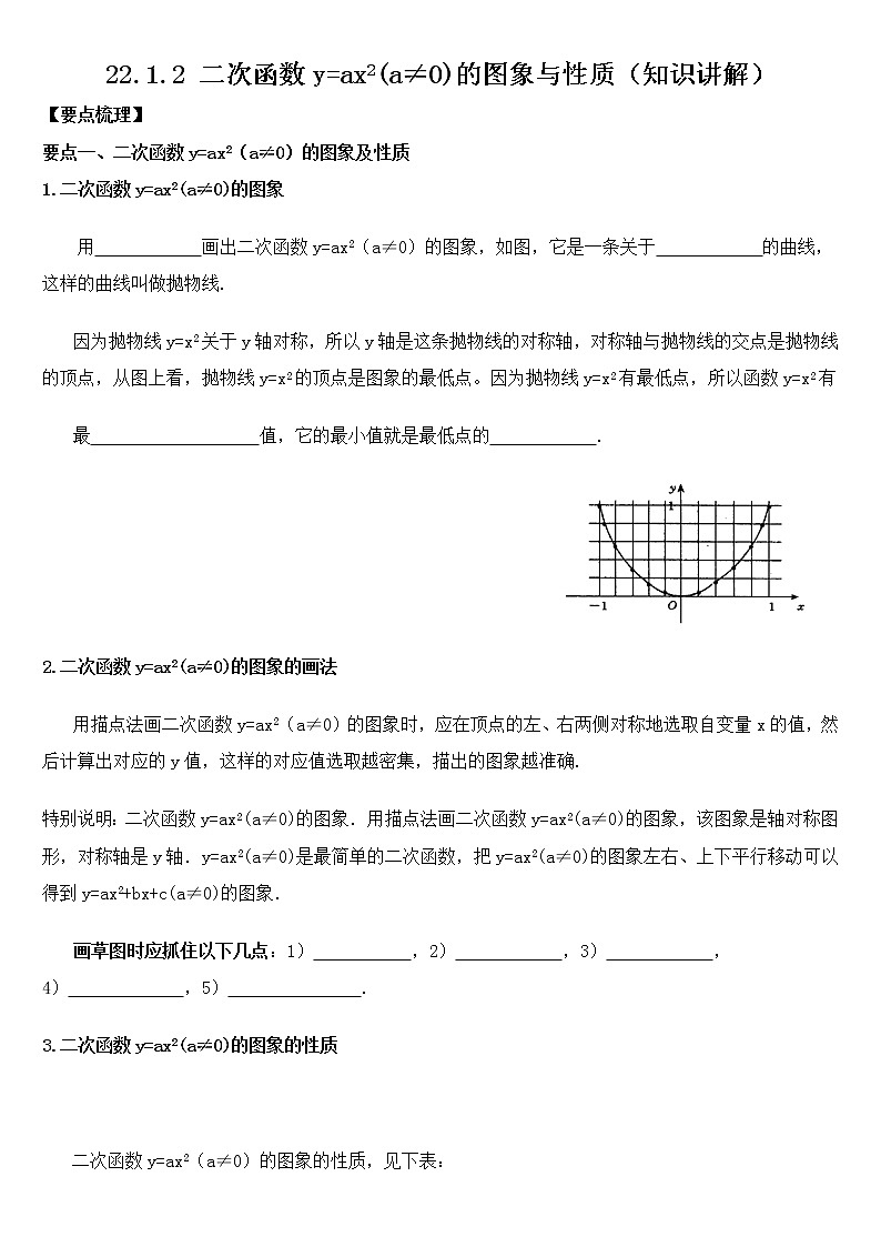 专题22.1.2  二次函数y=ax2(a≠0)的图象与性质（知识讲解）学案01
