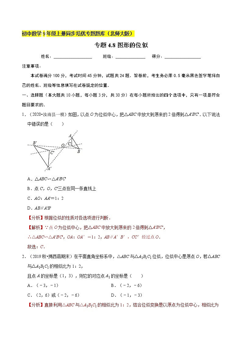 专题4.8图形的位似  新版初中北师大版数学9年级上册同步培优专题01