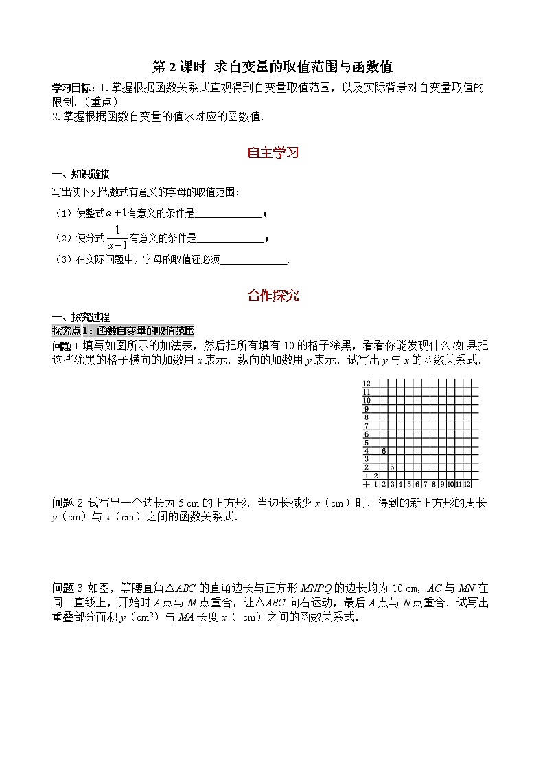 华师大版 初中 数学 八年级(下册) 17.1 第2课时 求自变量的取值范围与函数值学案01