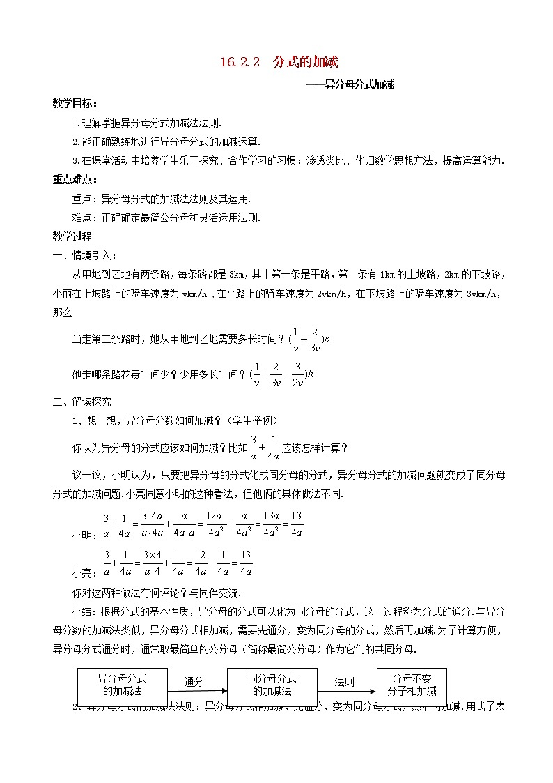 八年级数学下册分式的加减分式的加减异分母分式加减教案(1)第1页