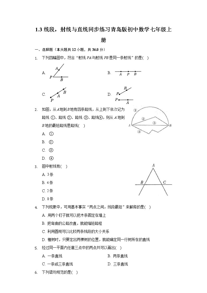 1.3线段，射线与直线同步练习青岛版初中数学七年级上册01