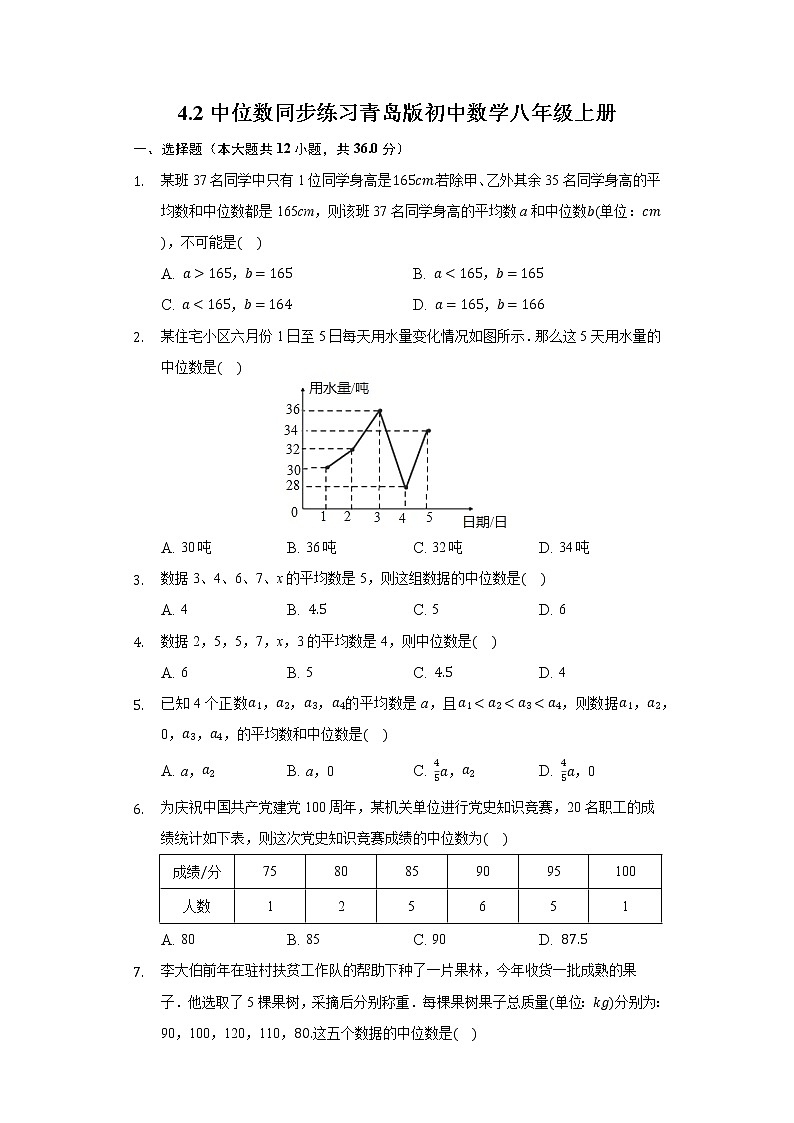 4.2中位数 同步练习青岛版初中数学八年级上册01
