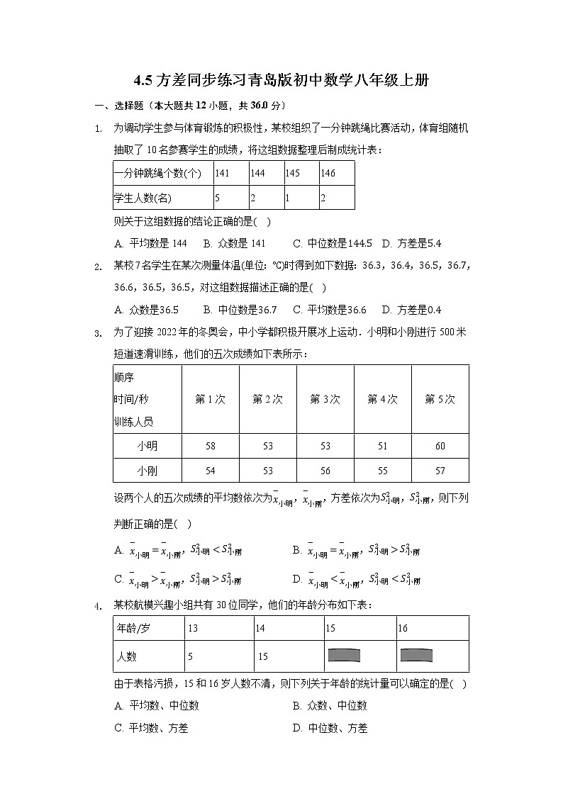 4.5方差 同步练习  青岛版初中数学八年级上册01