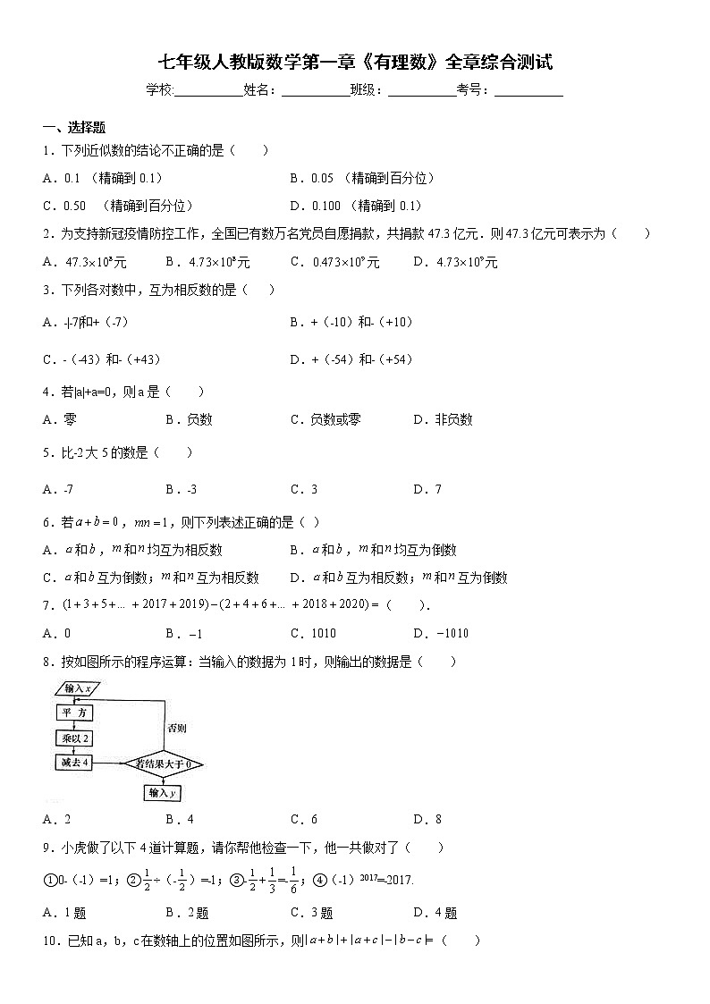 第一章 有理数  全章综合测试  2021—2022学年 七年级人教版数学上册(word版 无答案)第1页