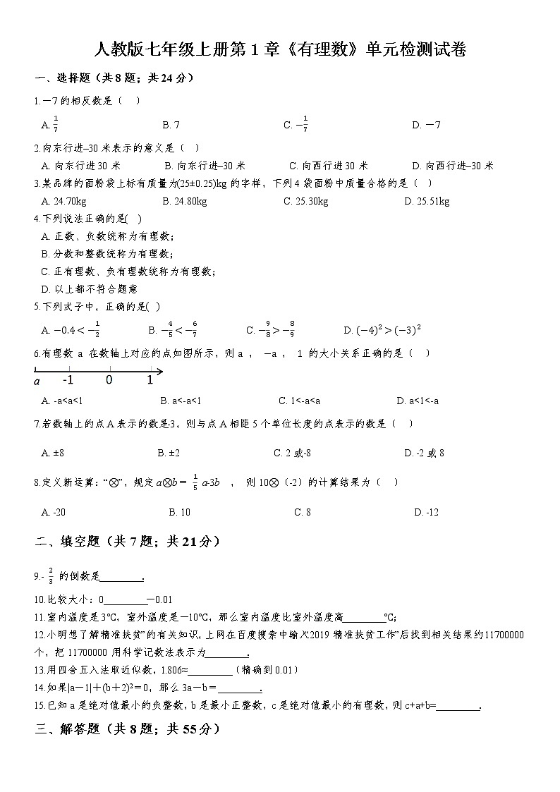 2021--2022学年人教版七年级数学上册 第1章《有理数》单元检测试卷  含答案01