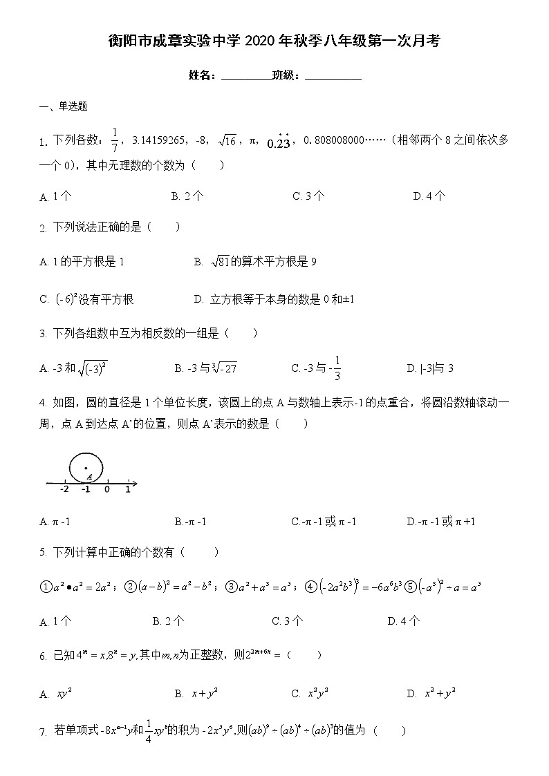 湖南省衡阳市成章实验中学2020年秋季八年级上学期第一次月考（无答案）练习题第1页