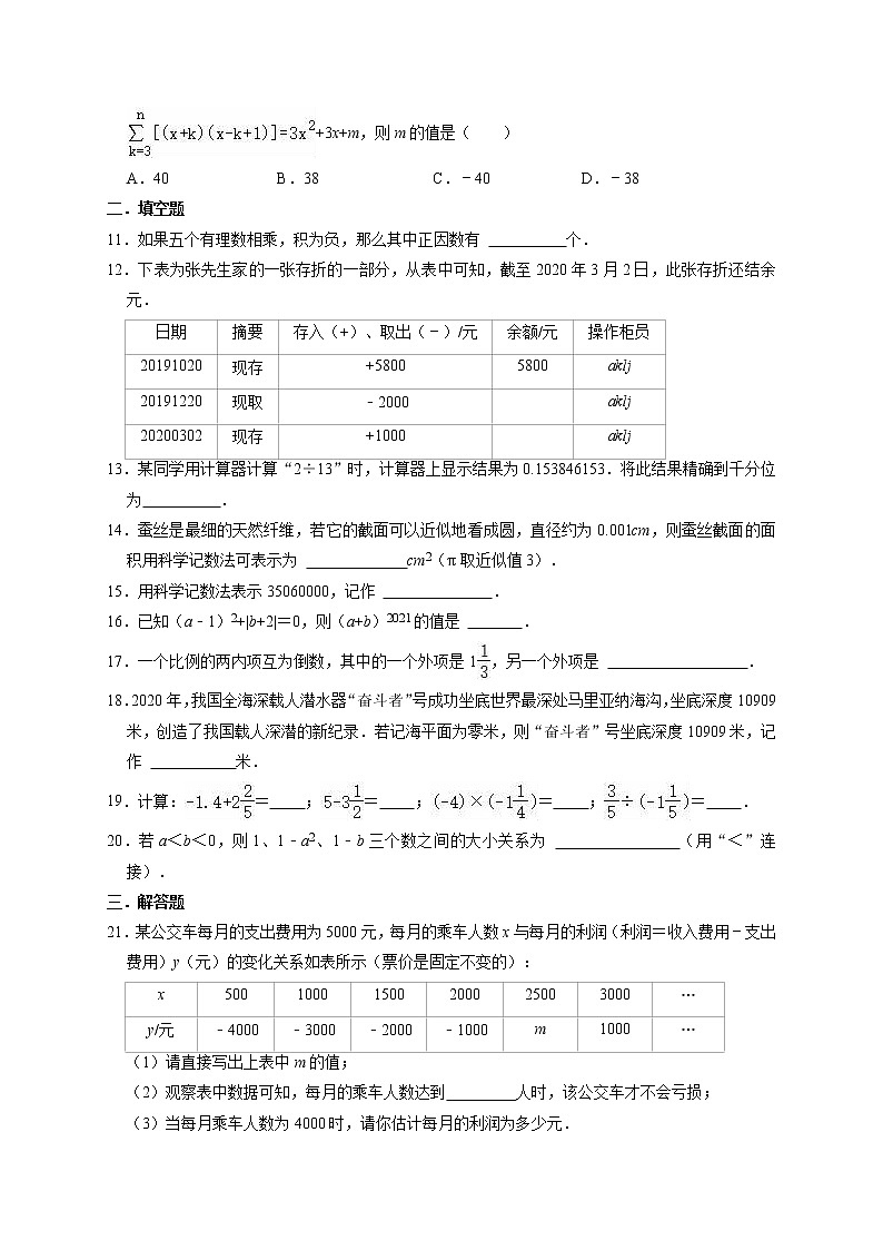 2020-2021学年华东师大版七年级数学上册第2章有理数单元测试试卷（含解析）试卷02