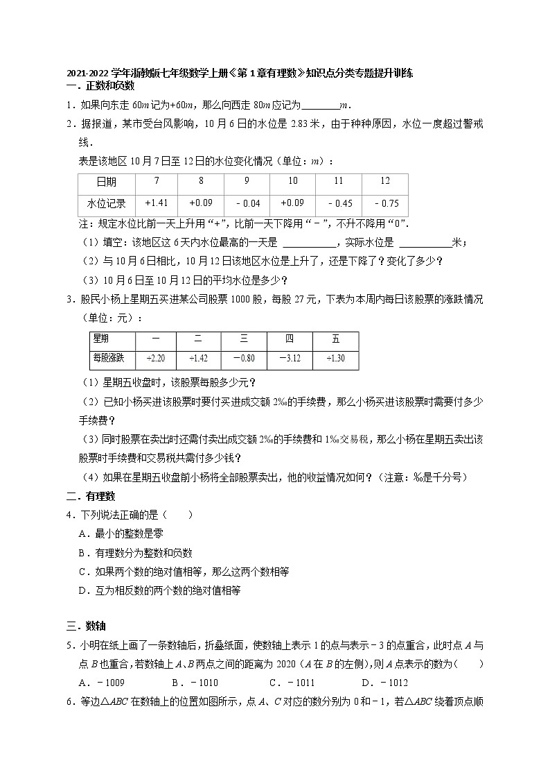 2021-2022学年七年级数学浙教版上册第1章有理数知识点分类专题提升训练（含解析）第1页