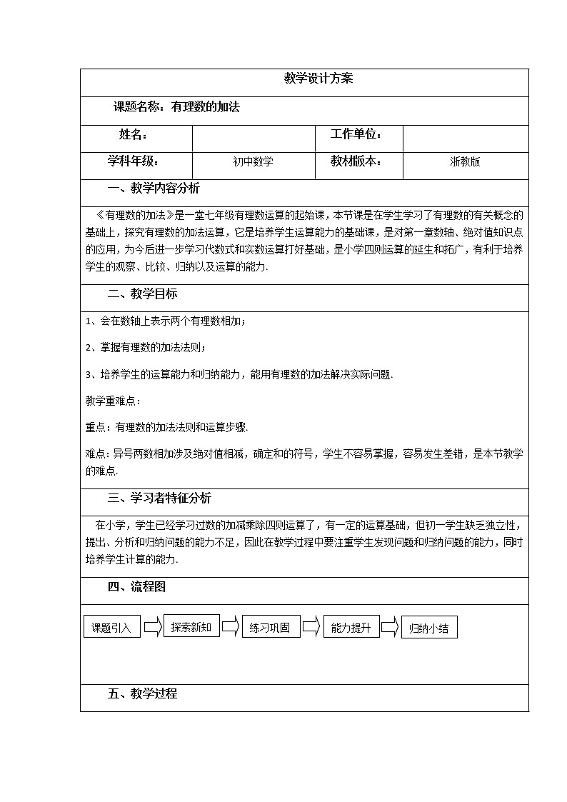 浙教版数学七年级上册 2.1 有理数的加法（教案）第1页