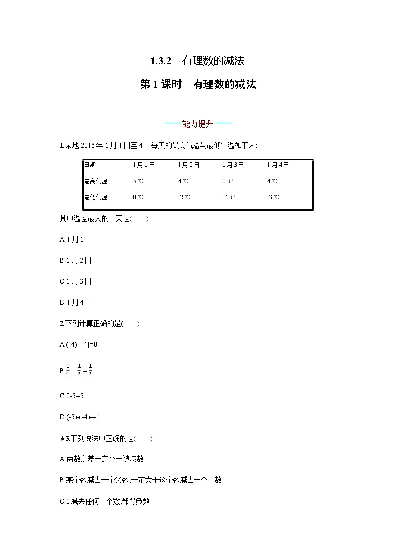 人教版七年级数学上册1.3.2.1有理数的减法（含答案）练习题01