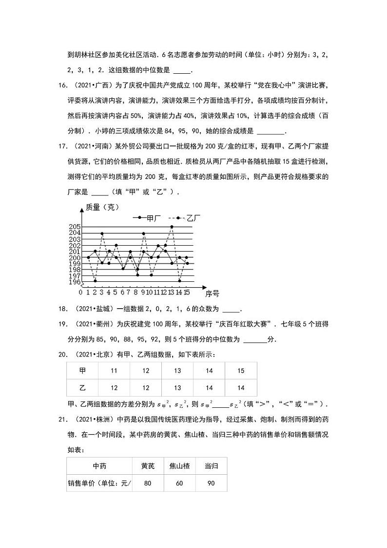 2021年全国各省市中考真题数学分类汇编：数据分析填空专项复习解析版第3页