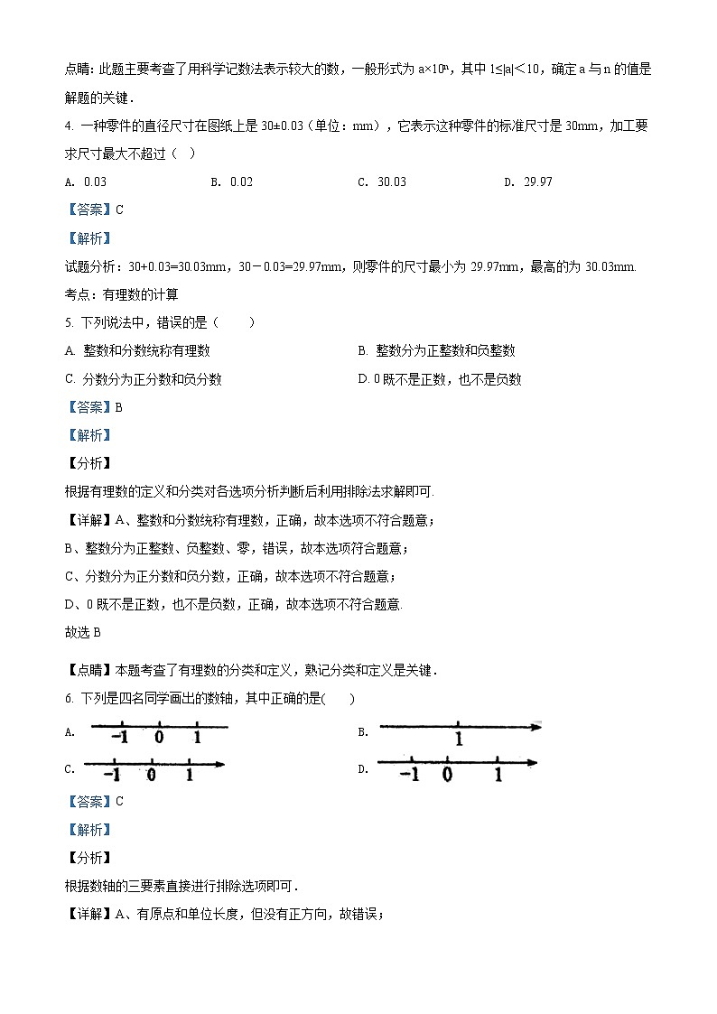 精品解析：安徽省合肥市168中学（玫瑰花园）2020-2021学年七年级上学期第一次月考数学试题（解析版）第2页