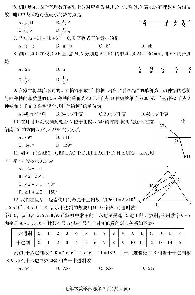 四川省内江市2019-2020学年七年级上学期期末考试数学试题（pdf版）第2页
