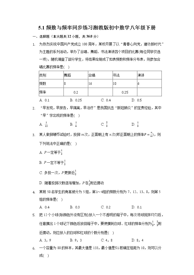 5.1频数与频率 同步练习 湘教版初中数学八年级下册01