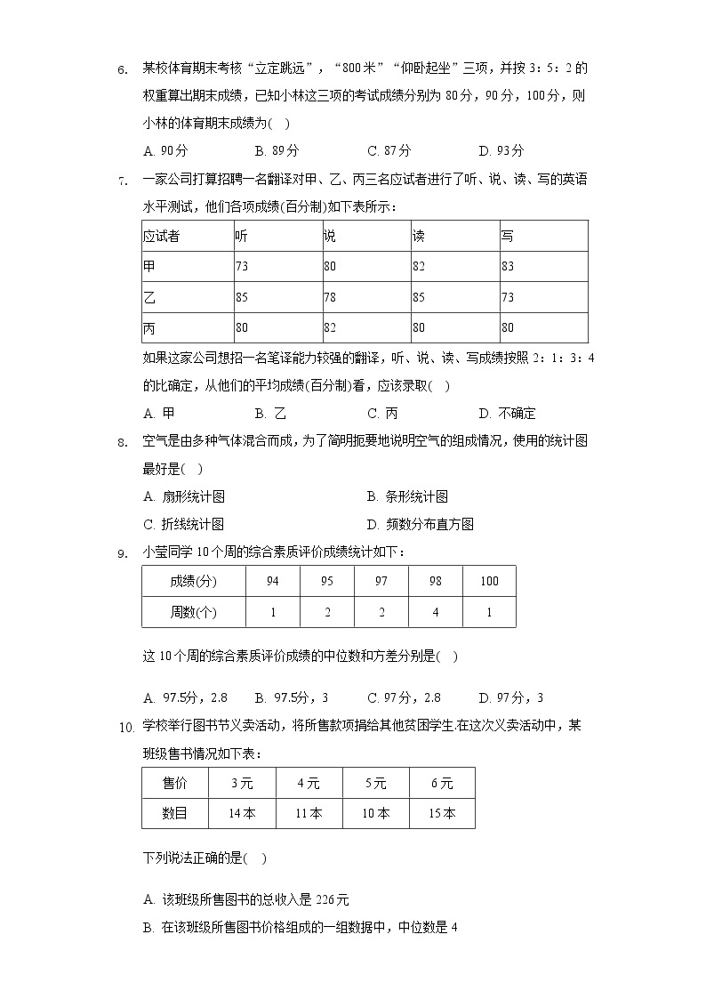 5.1总体平均数与方差的估计 同步练习 湘教版初中数学九年级上册02
