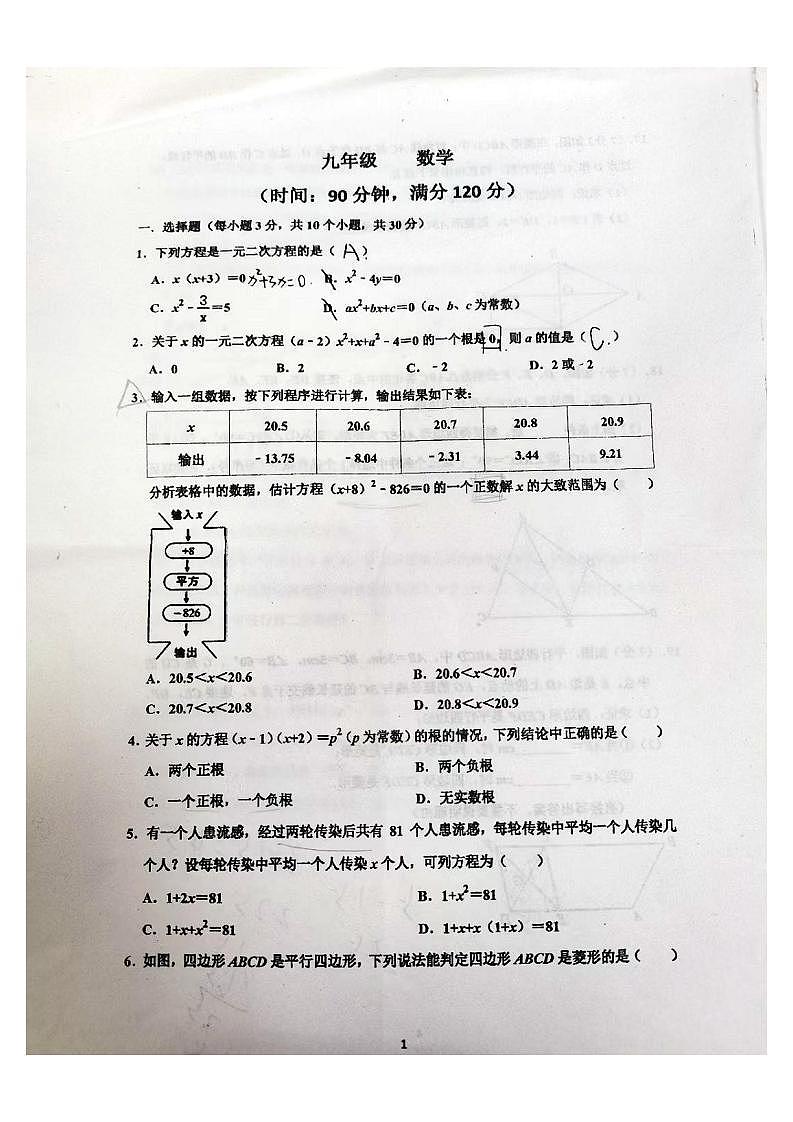 河南省实验中学2021-2022学年九年级上学期第一次月考数学试卷（无答案）第1页