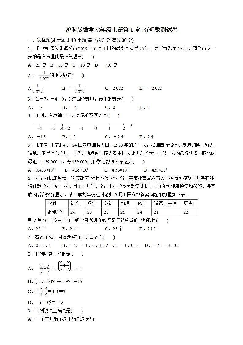 沪科版数学七年级上册第1章 有理数测试卷第1页