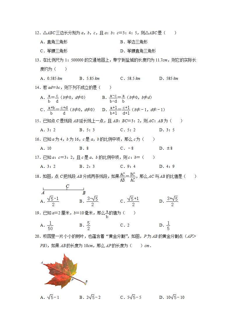 3.1比例线段  选择题专题提升训练   2021-2022学年湘教版九年级数学上册(word版含答案)02