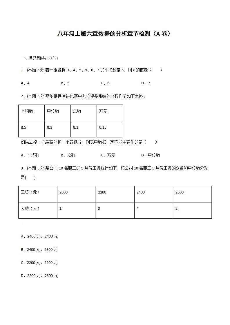 2020-2021学年北师大版数学八年级上册第六章 数据的分析章节检测1卷（含详细答案）第1页