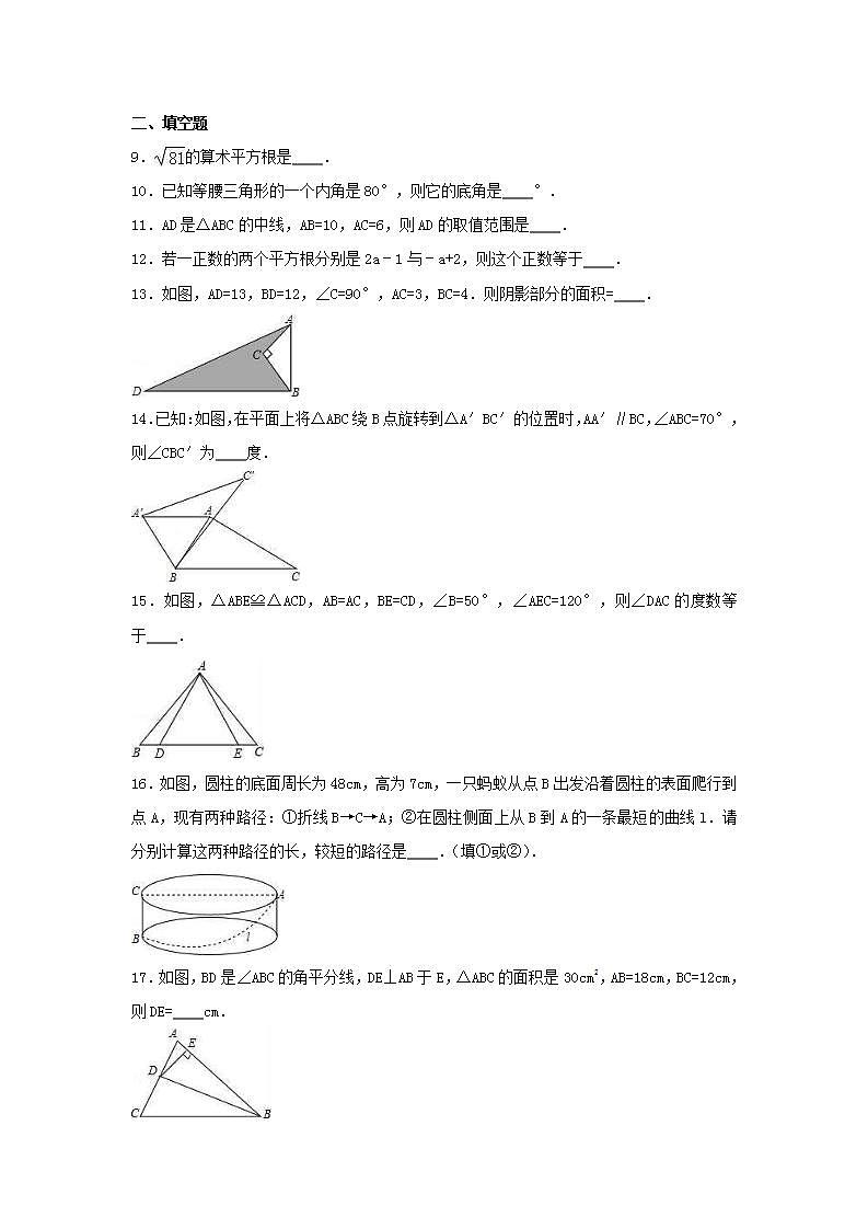 苏科版数学八年级上册期中复习试卷01（含答案）02