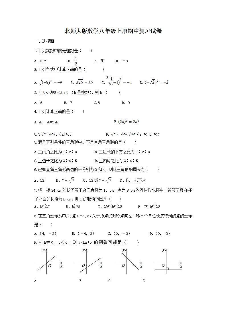 北师大版数学八年级上册期中复习试卷03（含答案）第1页