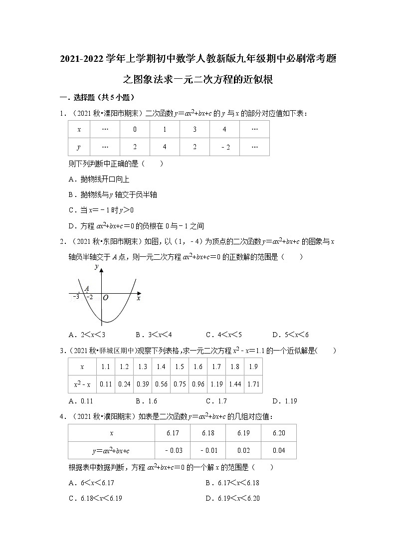 2021-2022学年上学期初中数学人教新版九年级期中必刷常考题之图象法求一元二次方程的近似根01