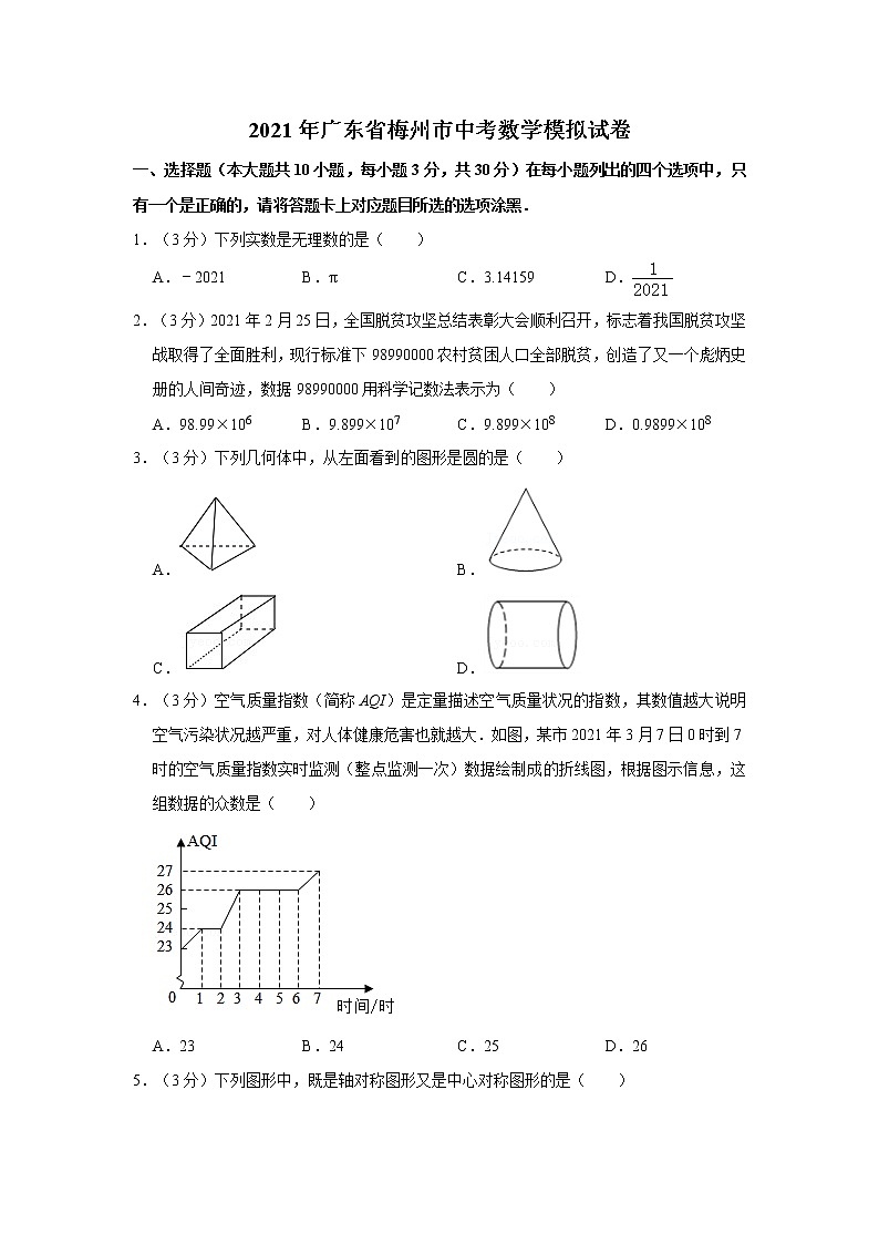 2021年广东省梅州市中考数学模拟试卷  解析版第1页