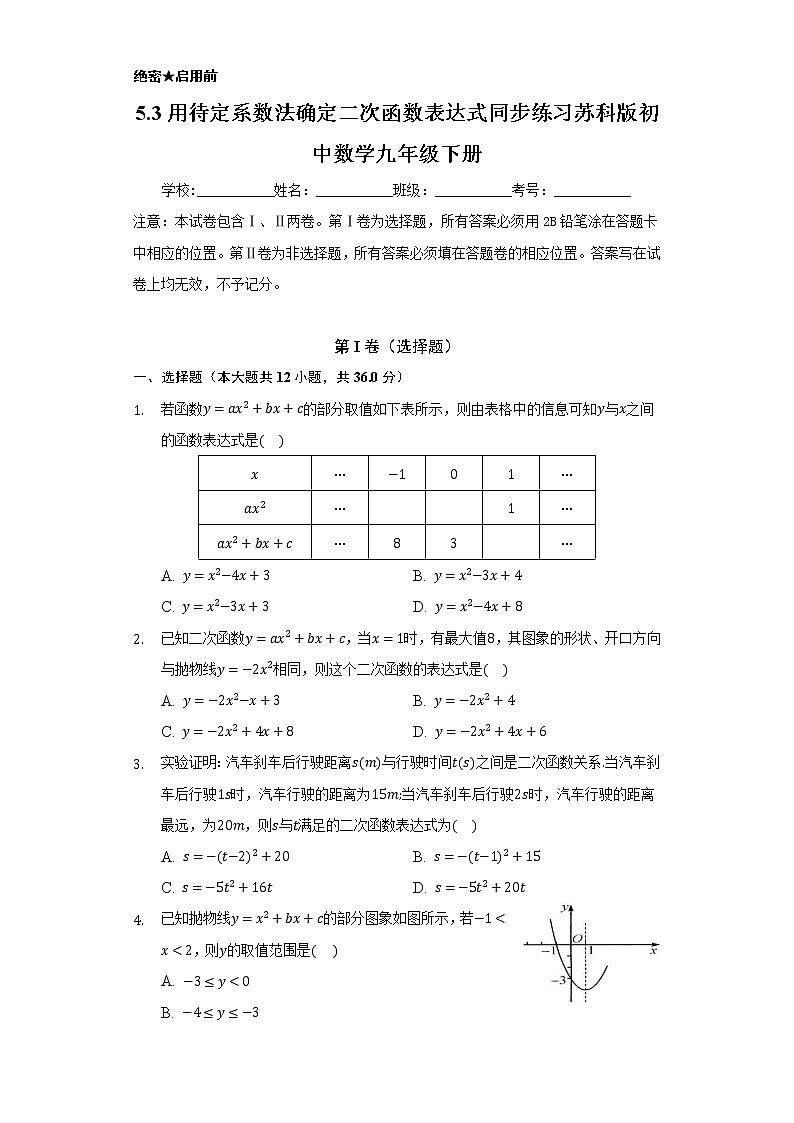 5.3用待定系数法确定二次函数表达式 同步练习  苏科版初中数学九年级下册01
