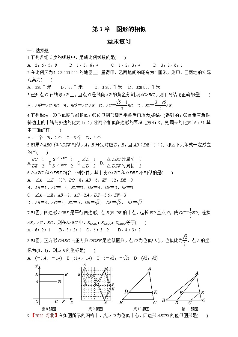 湘教版数学九年级上册同步练习第3章　图形的相似章末复习01
