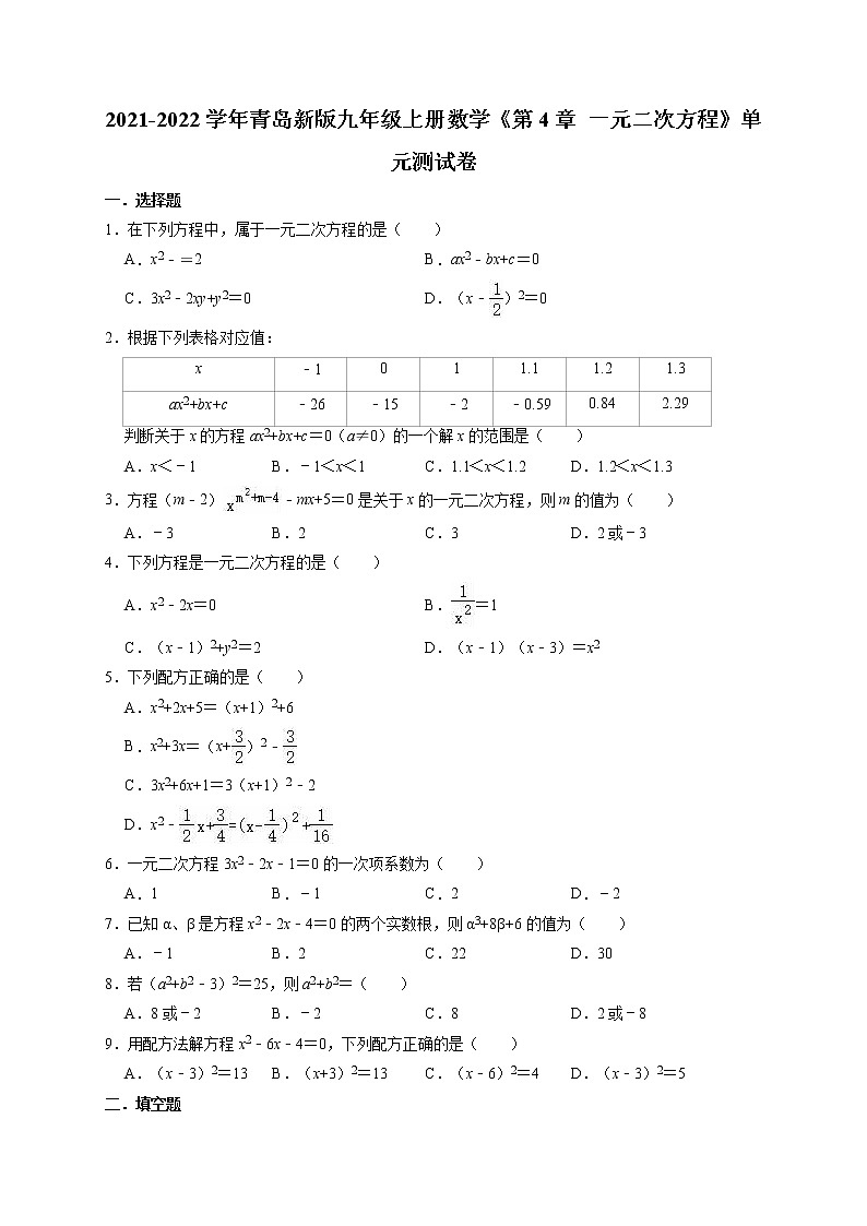 第4章 一元二次方程单元测试卷-2021-2022学年青岛版九年级上册数学01