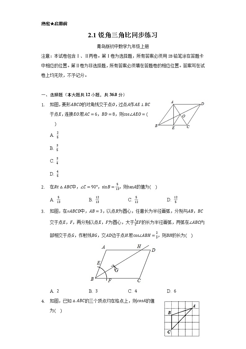 2.1锐角三角比      同步练习    青岛版初中数学九年级上册01