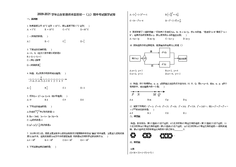 2020-2021学年山东省德州市某校初一（上）期中考试数学试卷（无答案）第1页