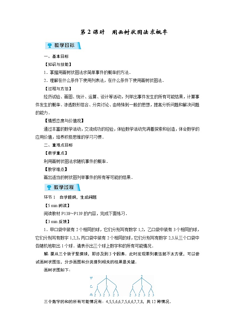 2021-2022学年度人教版九年级数学上册教案 25.2  第2课时　用画树状图法求概率01