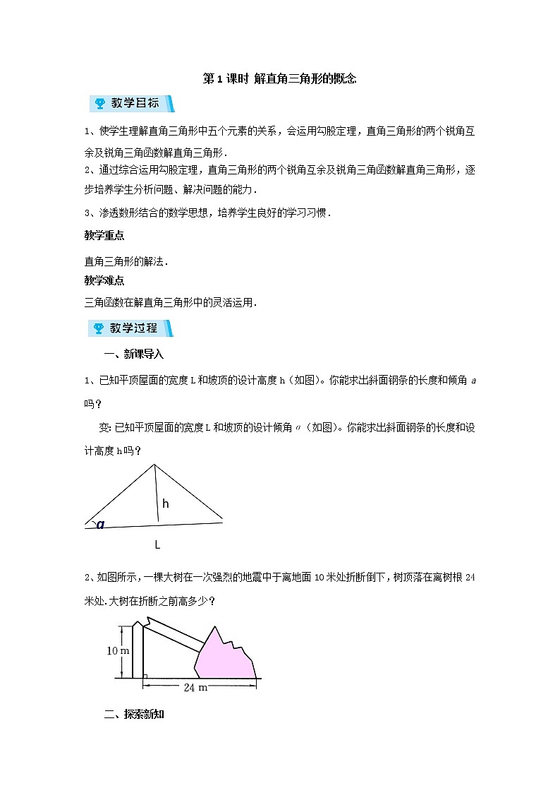 2021-2022学年度浙教版九年级数学下册教案 1.3.1 解直角三角形的概念01