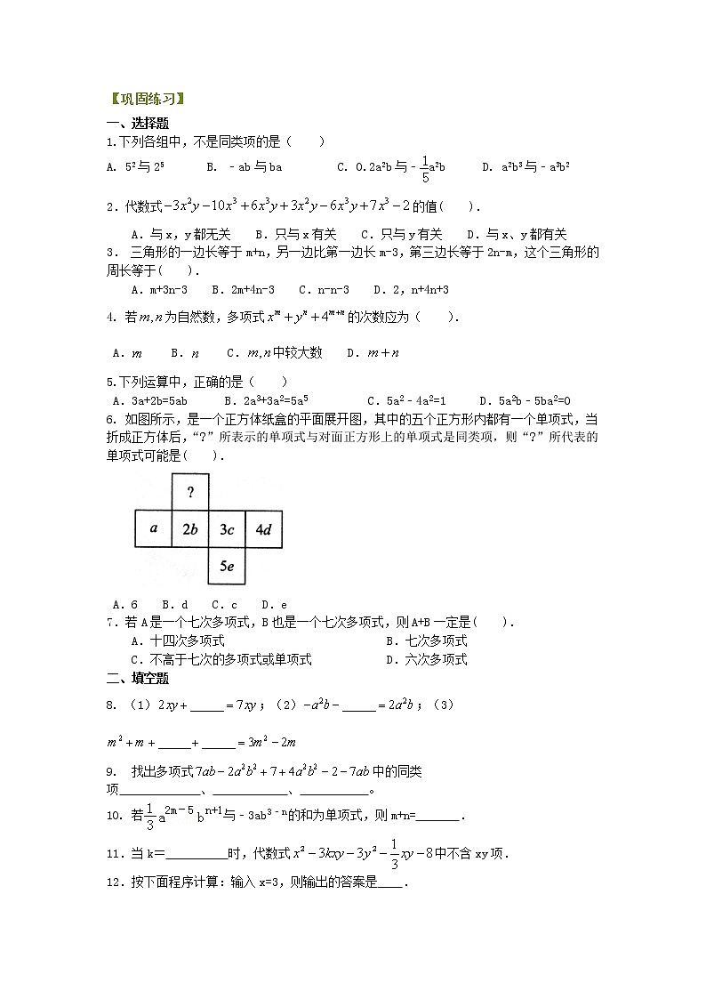 整式的加减（一）——合并同类项（提高）巩固练习学案01