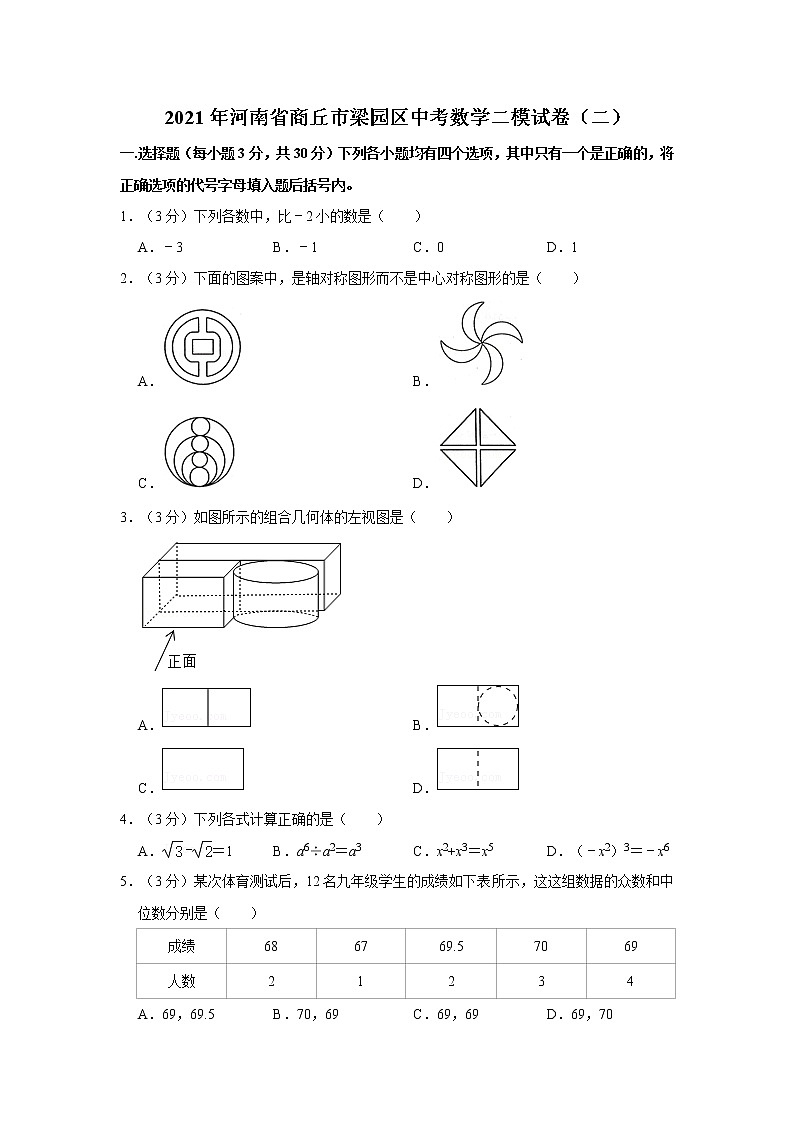 2021年河南省商丘市梁园区中考数学二模试卷（二） word，解析版01