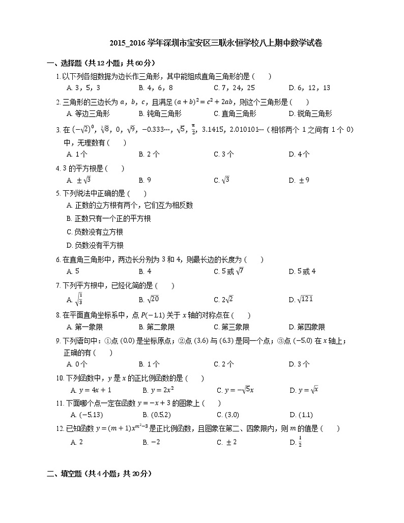 2015-2016学年深圳市宝安区三联永恒学校八上期中数学试卷第1页