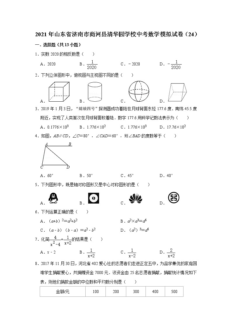 【中考真题】2021年山东省济南市商河县清华园学校中考数学模拟试卷（24）（含答案解析）第1页