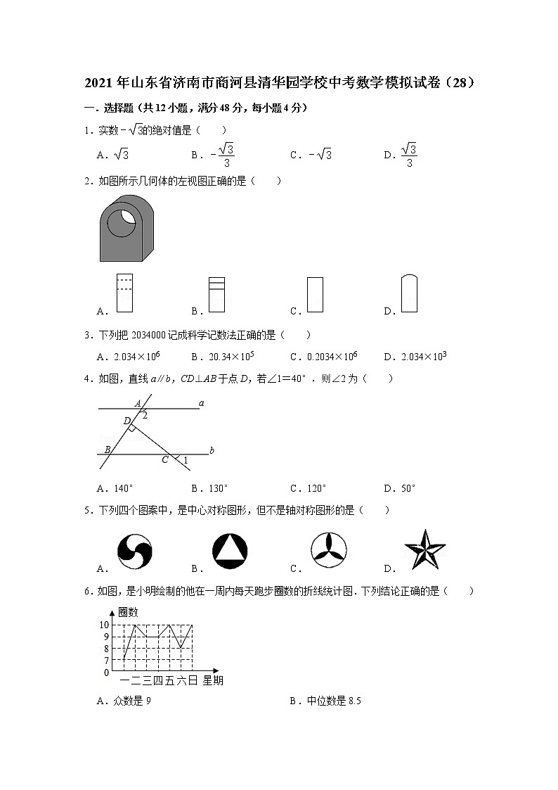 【中考真题】2021年山东省济南市商河县清华园学校中考数学模拟试卷（28）（含答案解析）01