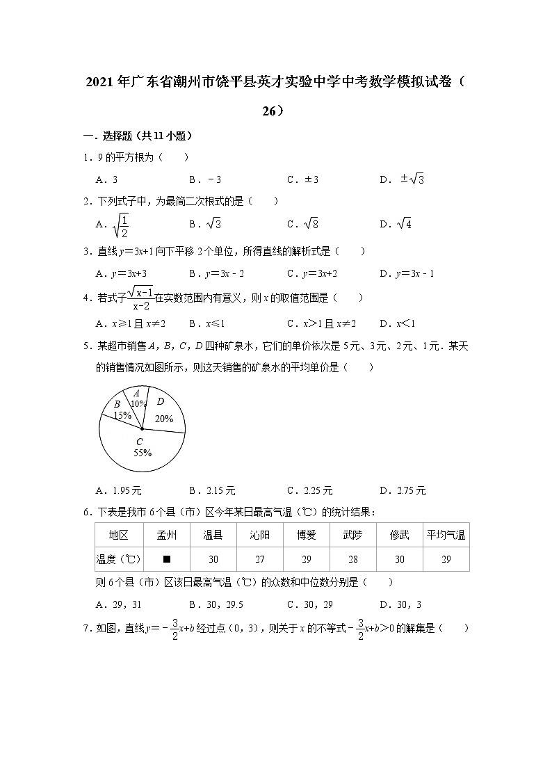 【中考真题】2021年广东省潮州市饶平县英才实验中学中考数学模拟试卷（26）（含答案解析）第1页