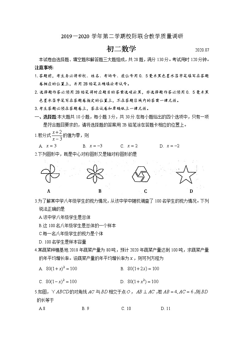 【名校试卷】昆山、太仓市2019-2020学年8年级数学下册校际联合教学质量调研 含答案01