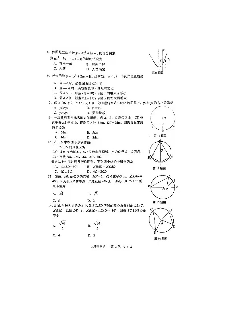 2021-2022河北省唐山市九年级上册期中数学试卷第2页