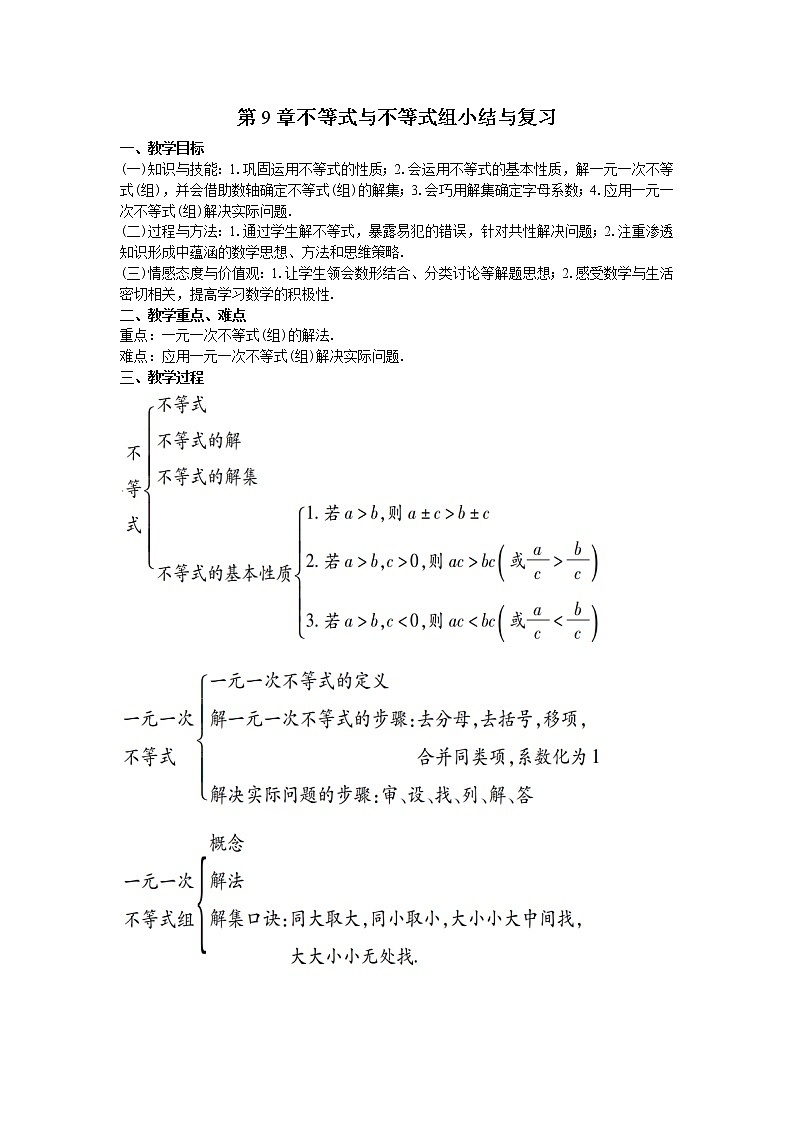 人教版初中数学第九章 一元一次不等式 小结与复习 课件+教学设计+单元检测卷01
