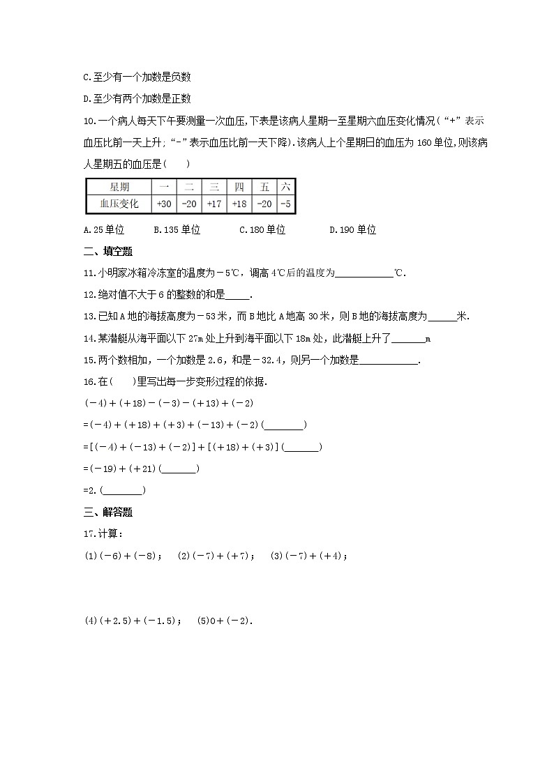 2021年青岛版数学七年级上册3.1《有理数的加法与减法》同步练习卷（含答案）02