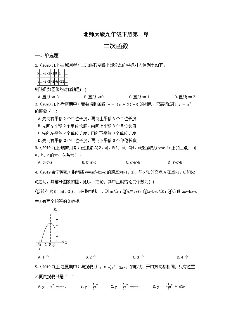 北师大版九年级下册第二章 二次函数 单元检测（含答案解析）第1页