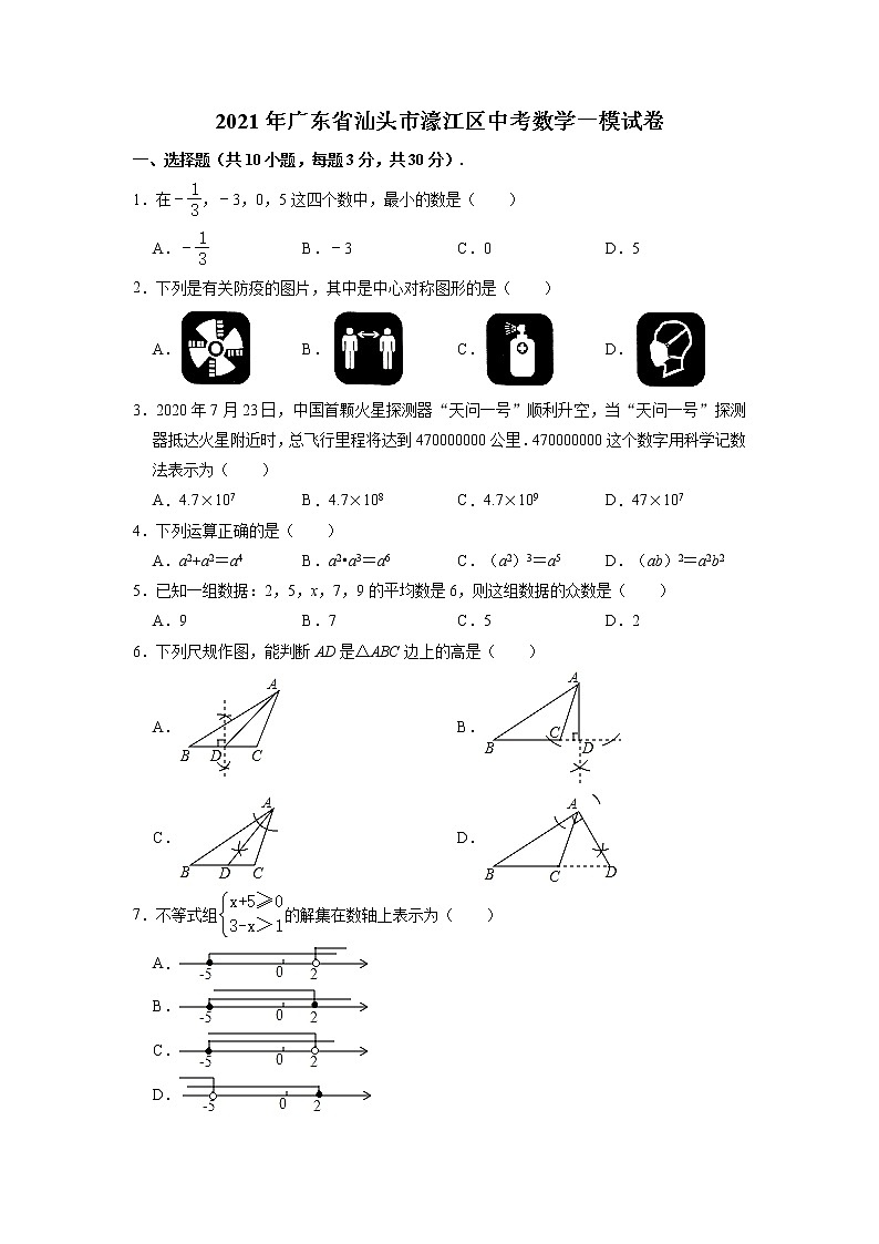 2021年广东省汕头市濠江区中考数学一模试卷第1页