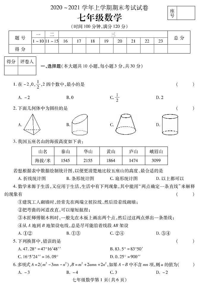 河南省平顶山市郏县2020-2021学年七年级上学期期末考试数学试题（PDF可编辑）01