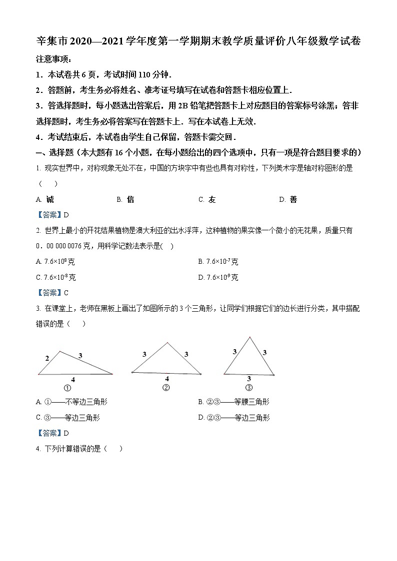 河北省石家庄市辛集市2020-2021学年八年级上学期期末数学试题01