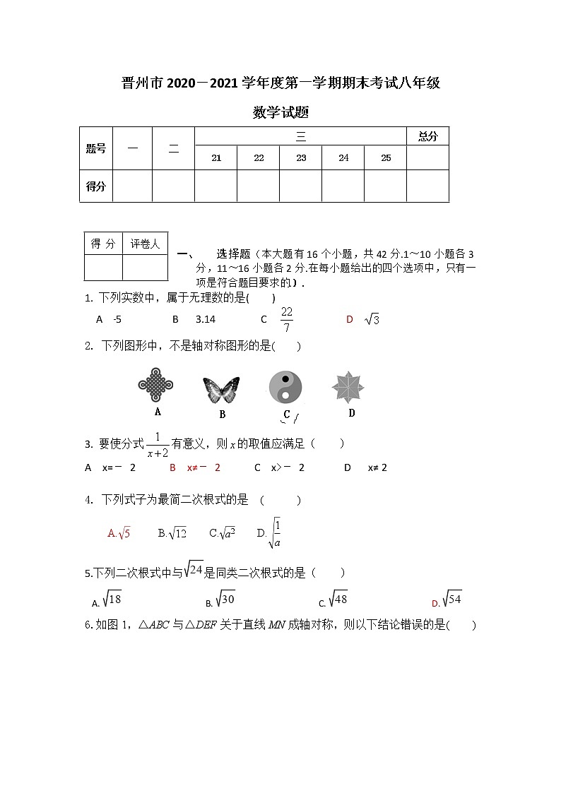 河北省晋州市2020-2021学年八年级上学期数学期末考试试卷第1页