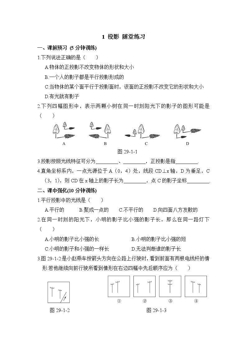 北师大九年级数学5.1《投影》随堂练习01